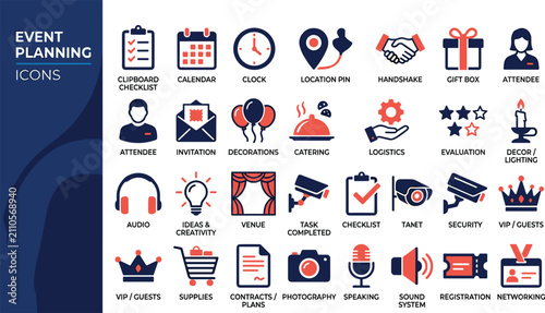 Konstfotografi Comprehensive event planning management icon set covering logistics decoration c