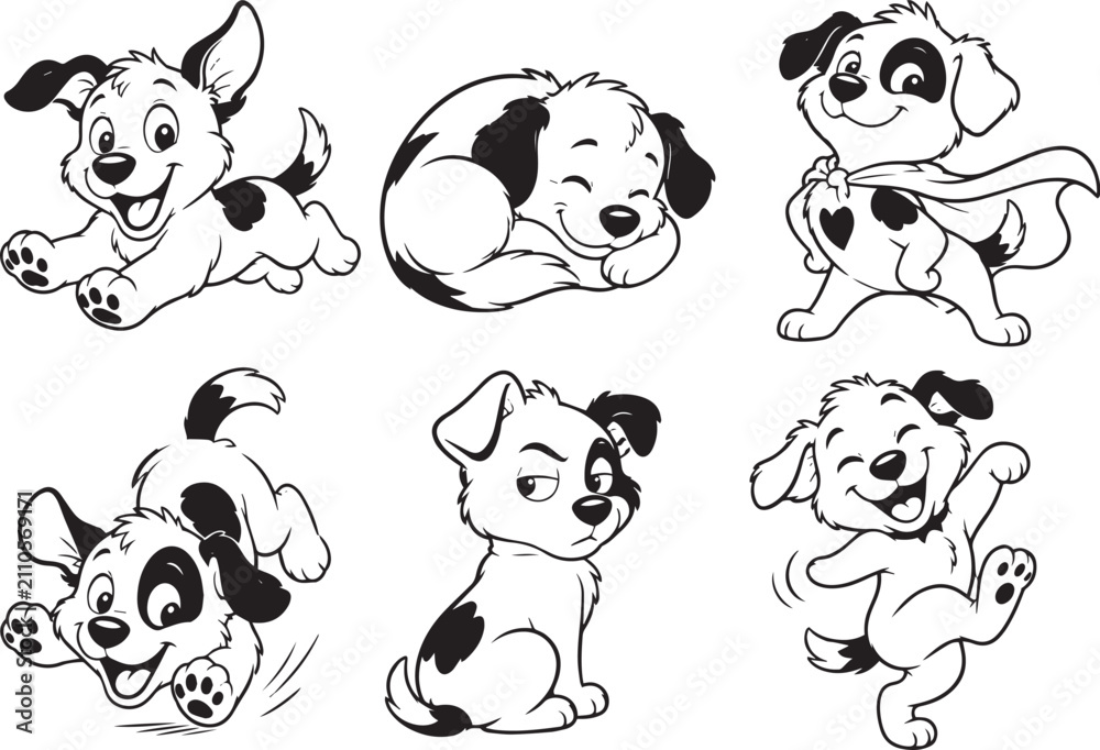 Obraz premium A set of puppies and dogs. Hand drawn vector illustration