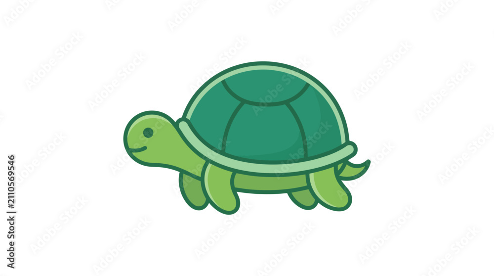 Obraz premium Cute green cartoon turtle vector illustration isolated on white background, minimalist happy tortoise side view full body icon design.