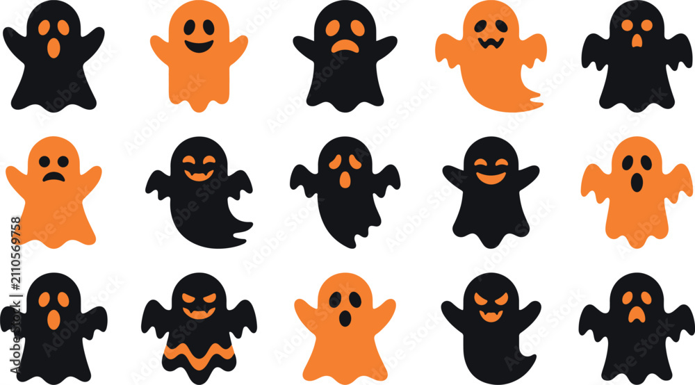 Fototapeta premium Collection of cute black and orange ghost characters for fun hallowneen party decorations and festive graphic designs