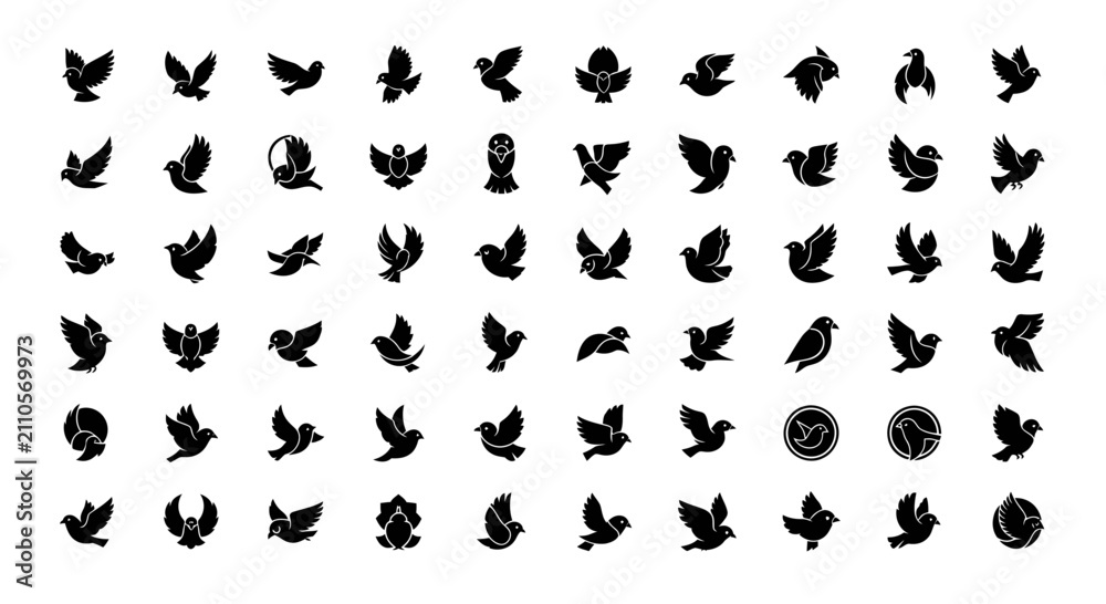 Obraz premium Silhouette Bird Icon Set: Diverse Flying and Perching Pigeons, Doves, and Abstract Shapes