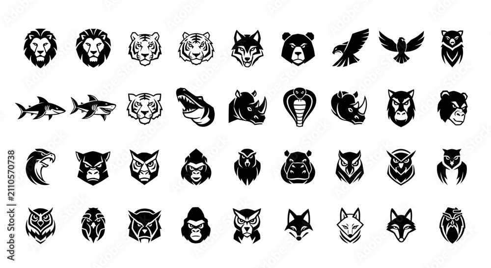 Fototapeta premium Wild Animal Head Icons Set: Lion, Tiger, Wolf, Bear, Eagle, Shark, Rhino, Cobra, Gorilla