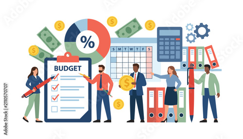 Business people analyzing financial budget planning spreadsheet chart corporate tax accounting or investment strategy concept flat vector illustration