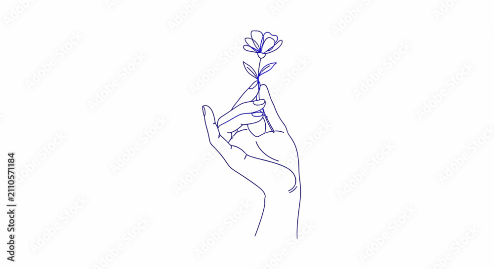 Obraz premium minimalist line art drawing of a delicate hand holding a single flower expressing natural beauty and simple elegance.
