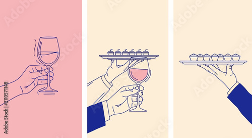 hands holding wine glass and serving desserts on tray a minimalist illustration perfect for hospitality and celebration.