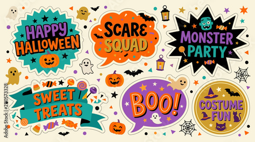 Vibrant halloween party graphics celebrating spooky holiday fun with themed