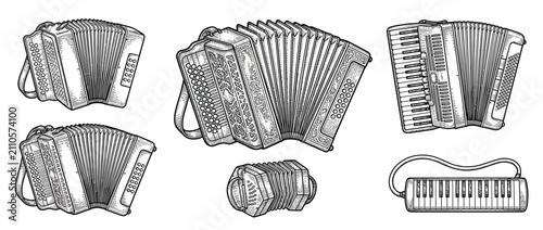 Photos Vintage Accordions and Melodica Hand-Drawn Illustration
