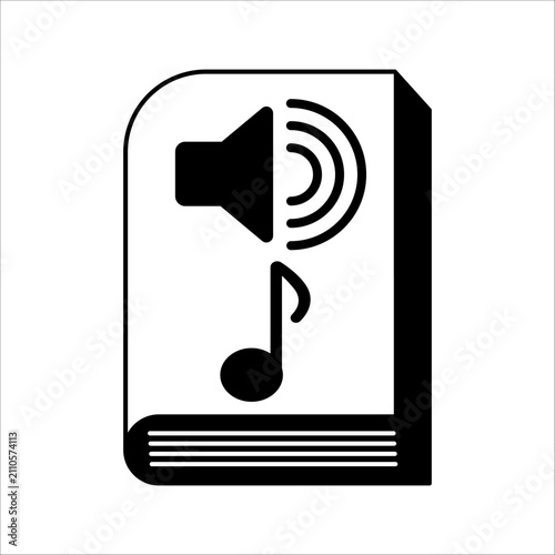 Minimalist vector icon showing a textbook with audio speaker and musical notes for online learning, podcast, and audiobook applications.