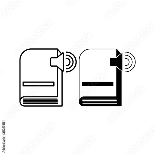 Set of minimalist vector icons representing audiobooks and digital sound learning presented in linear outline and filled black styles.