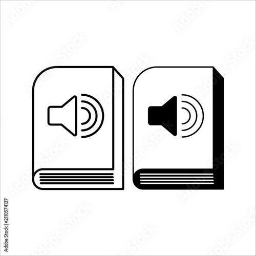Isolated vector graphics of a book with a speaker icon in linear outline and solid black filled versions for digital education tools.