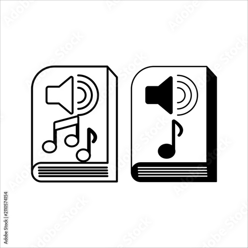 Vector illustration showing an audiobook icon pair with speaker sound waves and music note for digital education and online audio services.