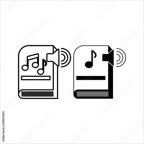 Linear outline and solid vector graphic of an e-learning audio book with speaker volume waves and music note for online courses and study tools.