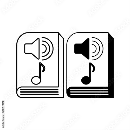 Minimal black line art and solid glyph icon set of a digital sound book with volume waves and music note for educational platforms.