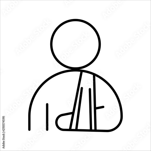 Minimal line icon depicting a person wearing an arm sling, useful for health insurance policies, medical brochures, and hospital signage.