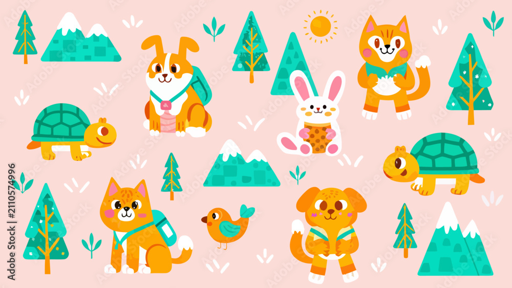 Obraz premium Cartoon animals in forest nature adventure scene pattern with adventure