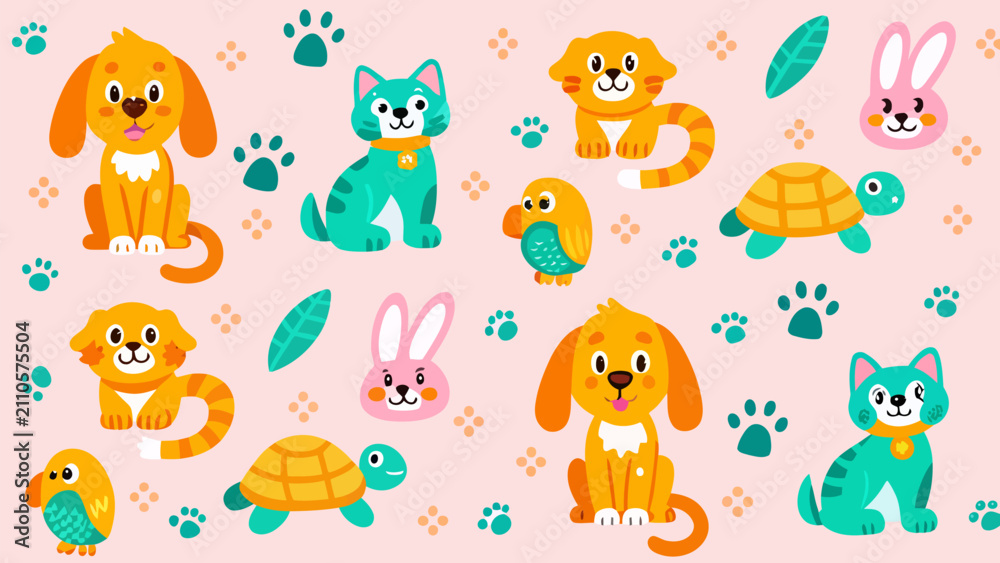 Naklejka premium Cute cartoon animal pattern with dogs cats rabbits and parrots, animal print