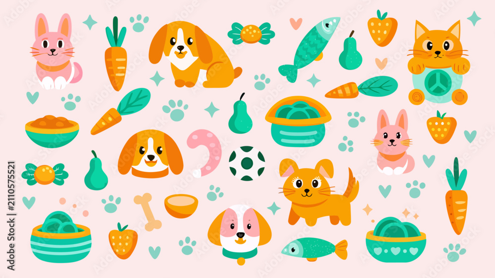 Fototapeta premium Set of cute pet icons with food toys and animal faces collection illustration