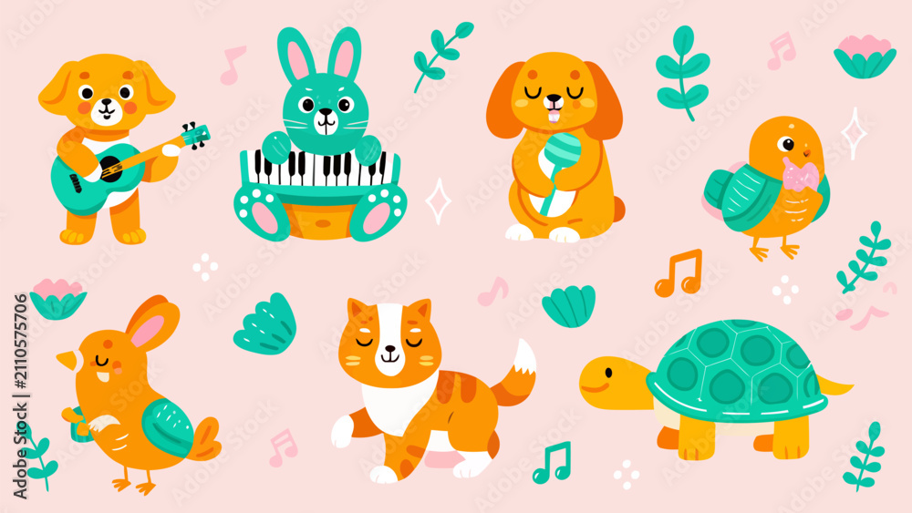 Naklejka premium Cute cartoon animal musicians with musical notes and decorative plants, children