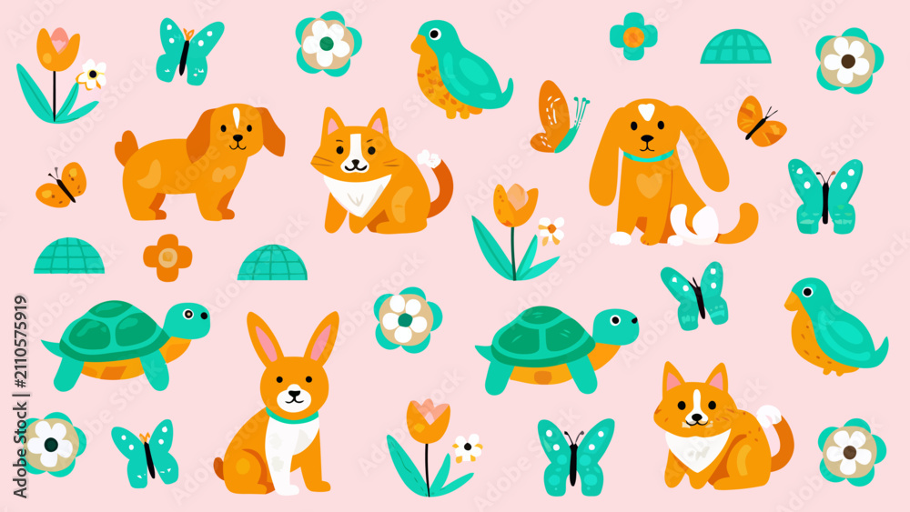 Obraz premium Set of cute cartoon animals birds and flowers illustration with butterfly