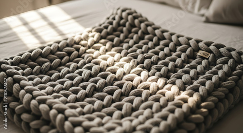 Soft folded knitted throw blanket on couch - A cozy, textured knitted throw blanket in warm tones folded neatly on a modern couch, evoking comfort and homeliness.