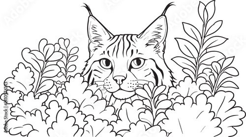 Canvas Print Wild Lynx Hiding in Leaves Foliage Line Art Vector Illustration Coloring Page fo