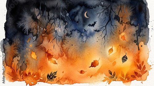 Watercolor autumn night scene with falling leaves and bats