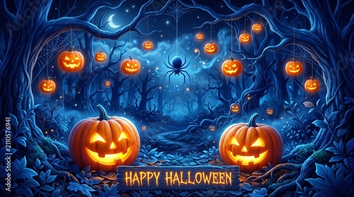 Spooky halloween forest with glowing jackolanterns and spider