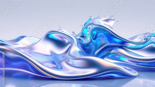 Fluid motion, vibrant blues, silver highlights. Reflective surface creates dynamic wave forms, captivating visual effect.