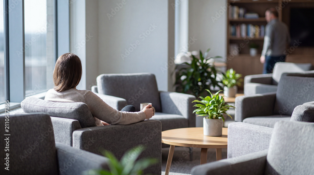 Fototapeta premium Woman relaxing with coffee in modern office lounge