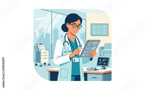Female Doctor Using Tablet in Hospital Office Illustration