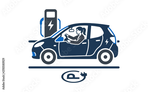Woman Driving Electric Car Vector Illustration