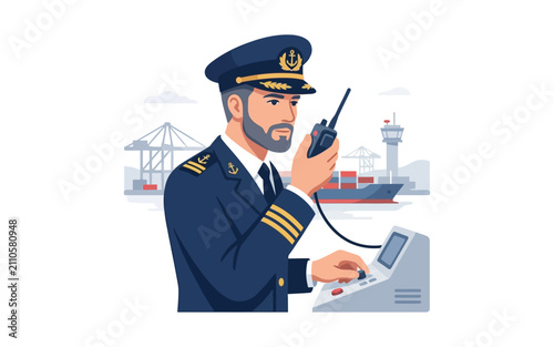 Ship Captain Using Radio at Port Vector Illustration