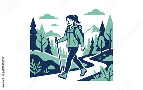 Woman Hiking in Mountains Vector Illustration