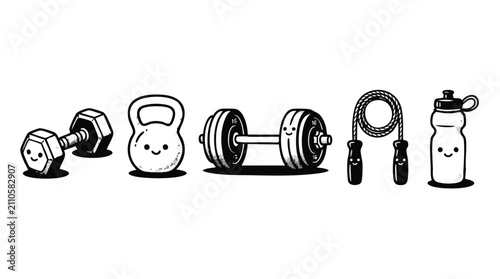 Cute Kawaii Gym Fitness Equipment Vector Icons Set