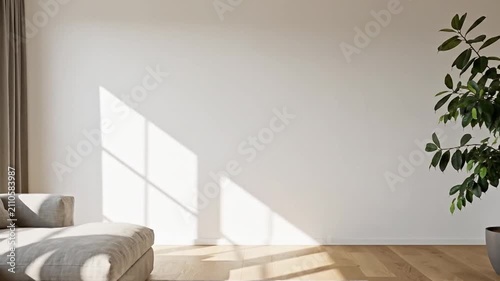 Modern Scandinavian Living Room with Large Blank White Wall and Ficus Tree