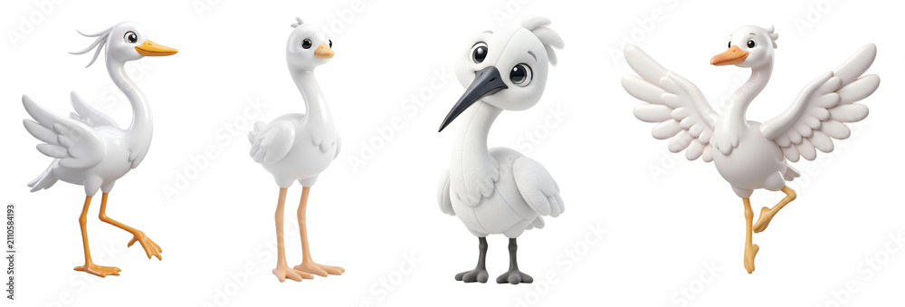 Obraz premium Set of cute cartoon stork characters in various poses with collection on transparent background