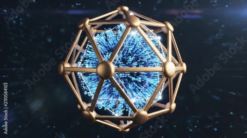 Intricate Golden Geometric Structure Encasing Vibrant Blue Digital Core with Energetic Ripples