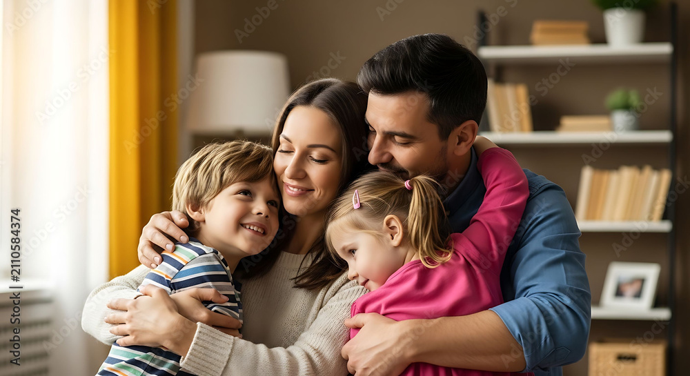 Obraz premium Happy multi-generational family hugging on couch in warm cozy living room