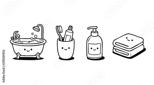 Cute Kawaii Bathroom Icons Set Black and White Doodle Art
