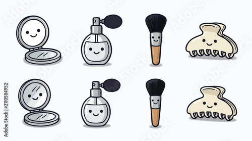 Cute Kawaii Makeup and Beauty Accessories Vector Icon Set