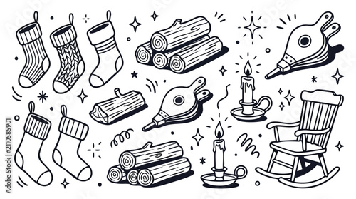 Cozy Winter Fireplace Element Doodles Vector Set