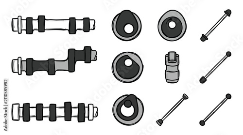 Hand drawn engine camshaft and mechanical parts vector set