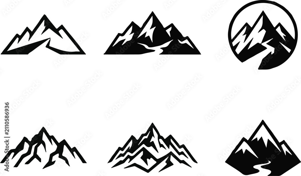 Fototapeta premium Modern Mountain Icon Set with Vector Landscape Silhouettes Warning Signs and Geometric Symbol Collection for Design and Branding