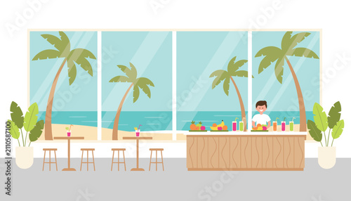 Tropical juice bar at the beach with fresh fruits, cold drinks, a friendly bartender, palm trees, and ocean view in the back.