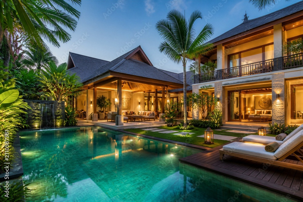 Fototapeta premium Luxury villa with illuminated pool and tropical landscaping
