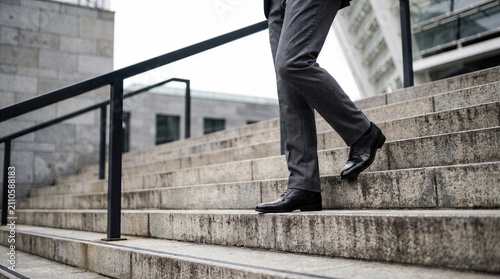 Business professional walking down outdoor office stairs