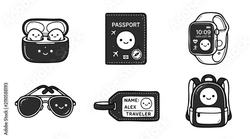 Cute Travel Gear Icons Vector Illustration Set