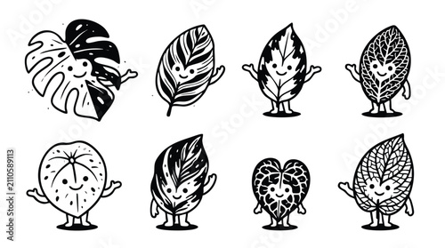 Cute leaf characters doodle set black and white line art