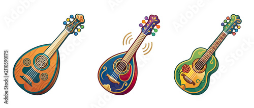Billede på lærred Three ornate string instruments on white background