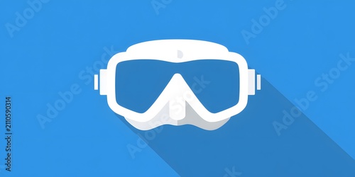 Flat design illustration of a white scuba diving mask with blue lenses and a long shadow on a blue background.